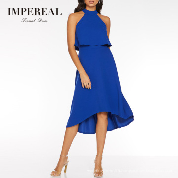 Types Of  Frill Overlay Midi Length Sleeveless High Low Royal Blue Prom Dress